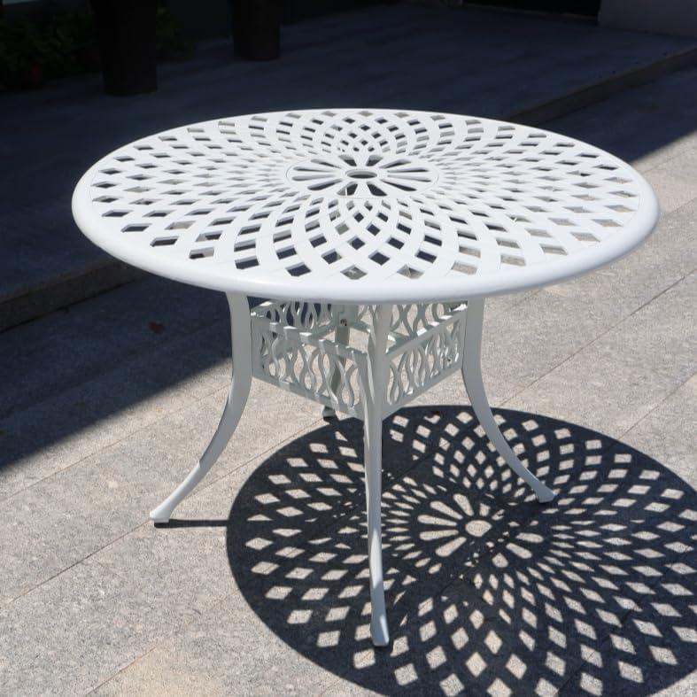 42 Inch Outdoor Patio Dining Table Round Cast Aluminum Table with 1.97" Umbrella Hole, All Weather Metal Bistro Table for Porch,Backyard,Garden,Balcony,White