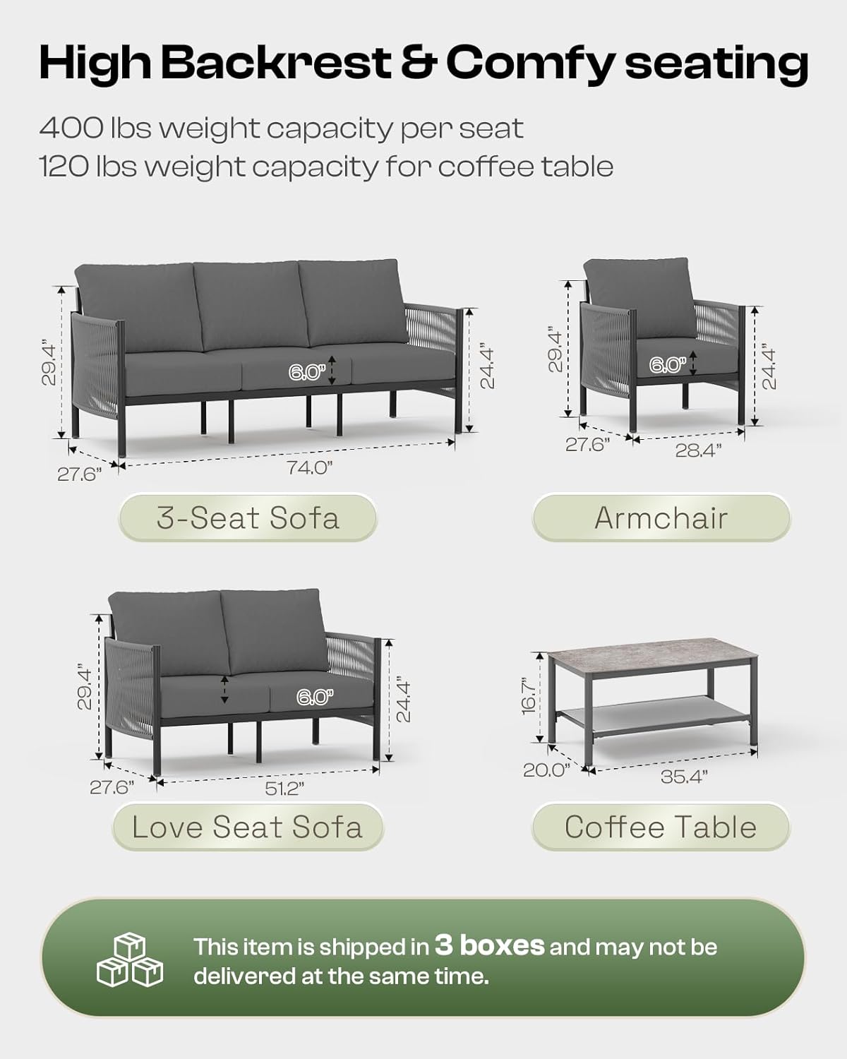 Aluminum Outdoor Patio Furniture Set, HDPE Rope 4 Piece Modern Sectional Conversation Sets with Dual-Layer Coffee Table, All Weather Patio Couch Set with Thick Cushions, Gray Frame, Charcoal