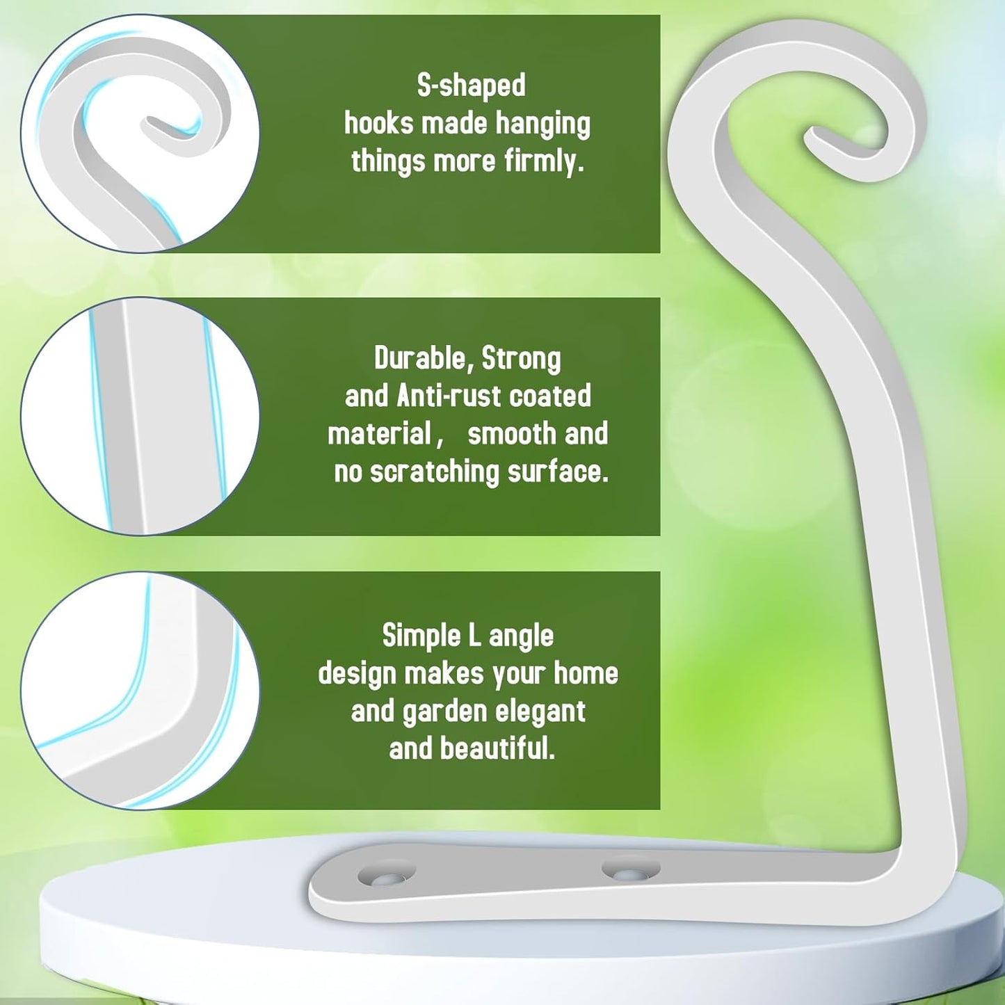 FEED GARDEN Hand-Forged Hanging Plant Bracket Iron Wall Hook for Hanging Bird Feeders, Wind Chimes, Flower Baskets, Lanterns, Yoga Mat, Indoor/Outdoor Use (6 Inch 2 Pack, White, with 4 Screws)