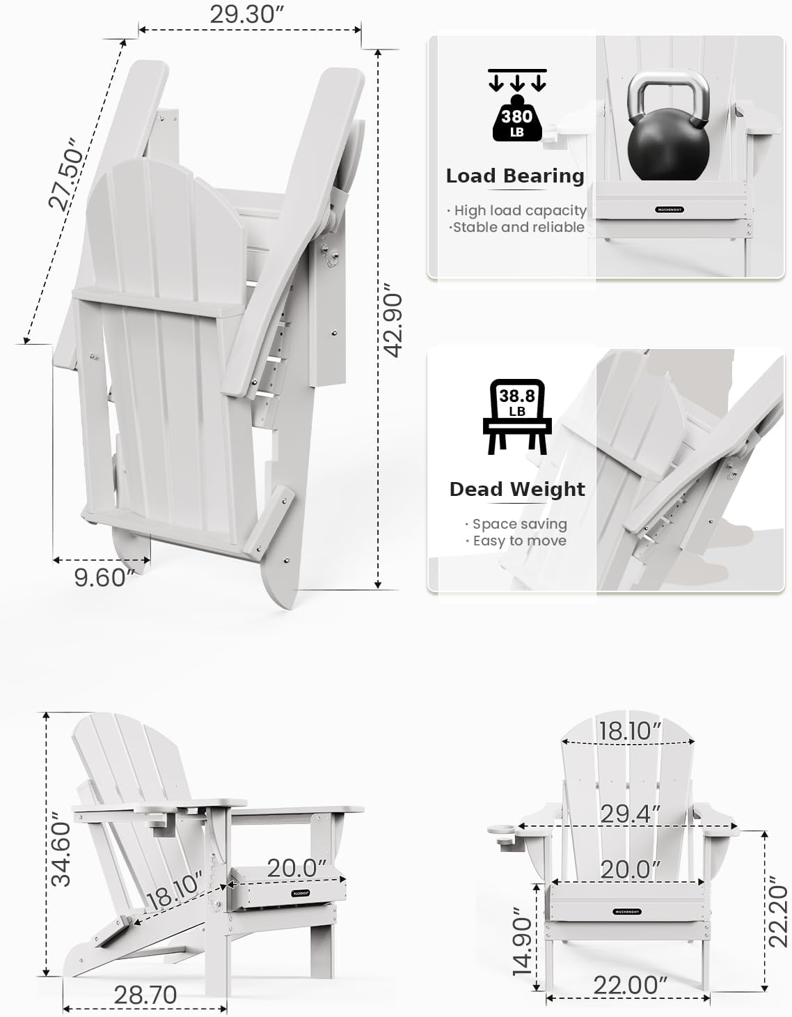MUCHENGHY Folding Adirondack Chairs 6 Pack, Patio Chairs, Lawn Chairs, Outdoor Chairs, Adirondack Chair Plastic, Fire Pit Chairs, Weather Resistant with Cup Holder for Deck, Backyard, Garden(White)