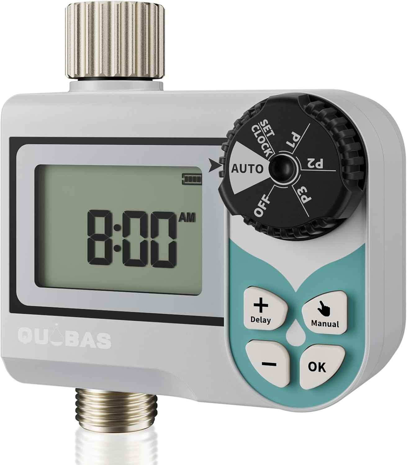 QUOBAS Low Pressure Water Timer, Weekly Programmable Sprinkler Timer with Brass Inlet & Outlet for Rain Barrel, Garden Hose, with Ball Valve & Waterproof Screen, Rain Delay/Manual/Auto Modes