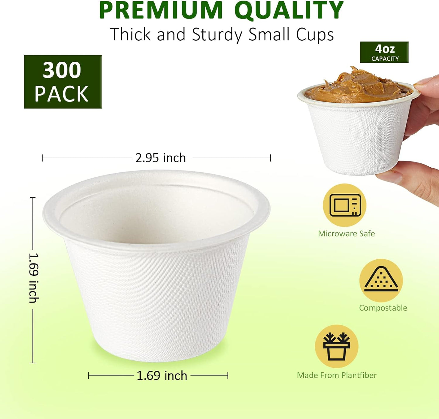 Vplus 300 Pack 4 OZ Disposable Souffle Cups, 100% Compostable Portion Cups, Made From Bagasse Fibe, Perfect For Dips, Food Sample, Jams, Honey, Sauces, Nuts