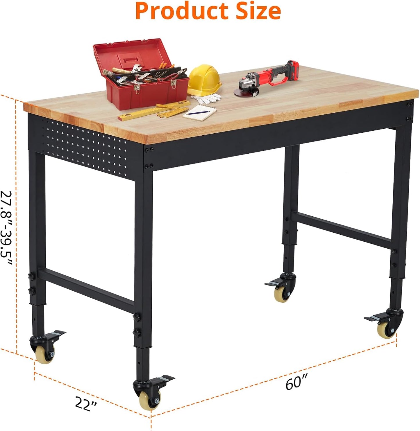 60" x 22" Heavy-Duty Adjustable Height Workbench with Power Outlets, Rubberwood Top, 2000 Lb Capacity, Locking Wheels, Mobile Garage & Office Workstation