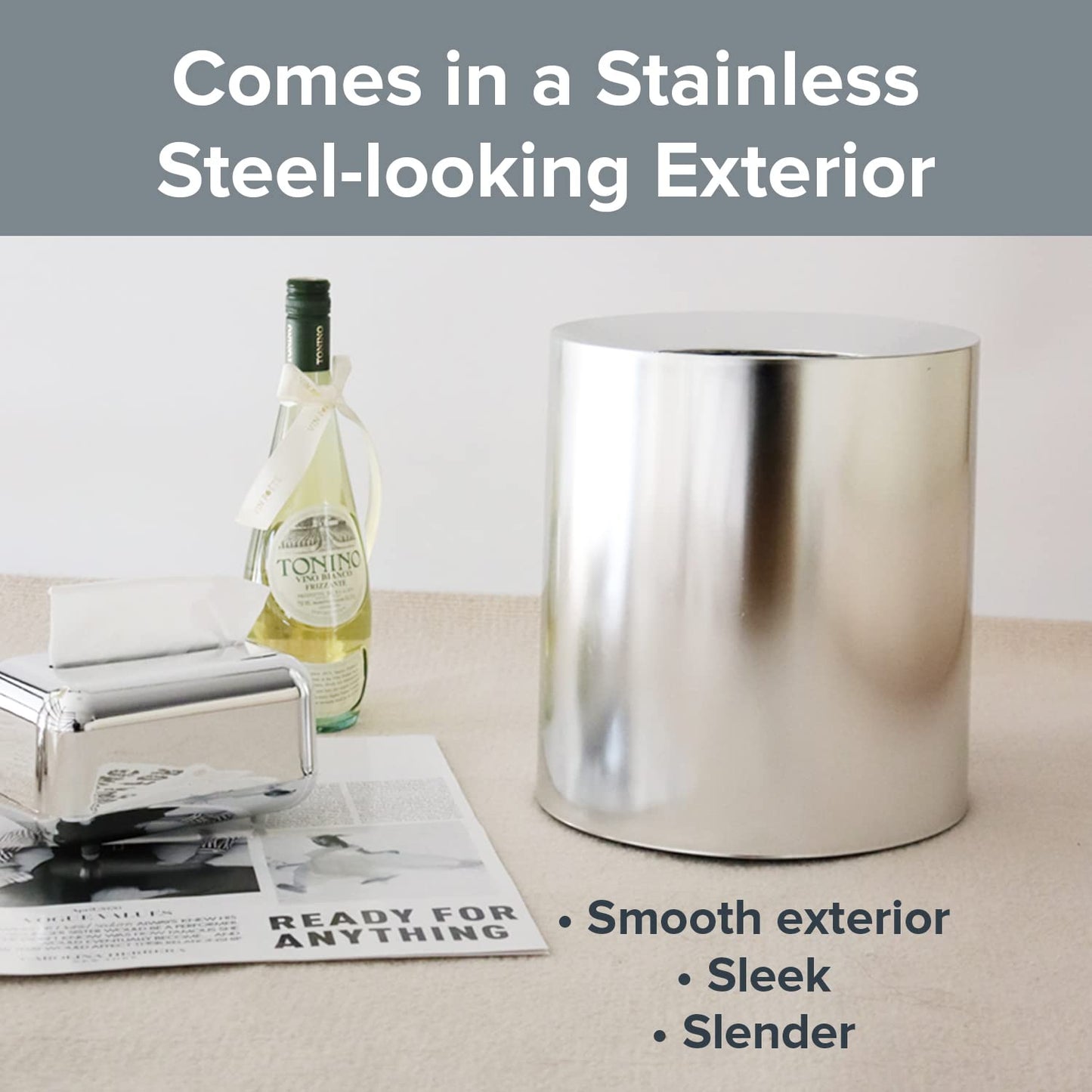 Modern Polished Stainless Steel Design Garbage Can - 12L I 3.2-Gallon Spill-Proof Trash Basket - Indoor Outdoor Waste Bin w/Removable Trash Bin Liner with Wide Rim