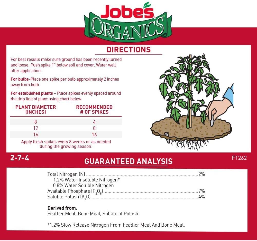 Jobe’s Organics Vegetable & Tomato Fertilizer Spikes, 2-7-4 Time Release Fertilizer for All Vegetables, Herbs and Tomato Plants, 50 Spikes per Package (4, 1 Pack)