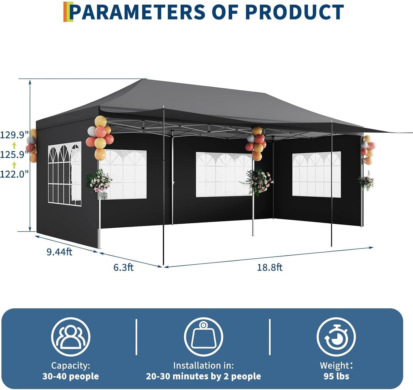 10x20 Pop Up Canopy Tent – Heavy Duty Party Tent with 6 Removable Sidewalls, 6 Sand Bags & Roller Bag, Waterproof UV-Protective Tents for Parties, Adjustable Height Instant Shelter