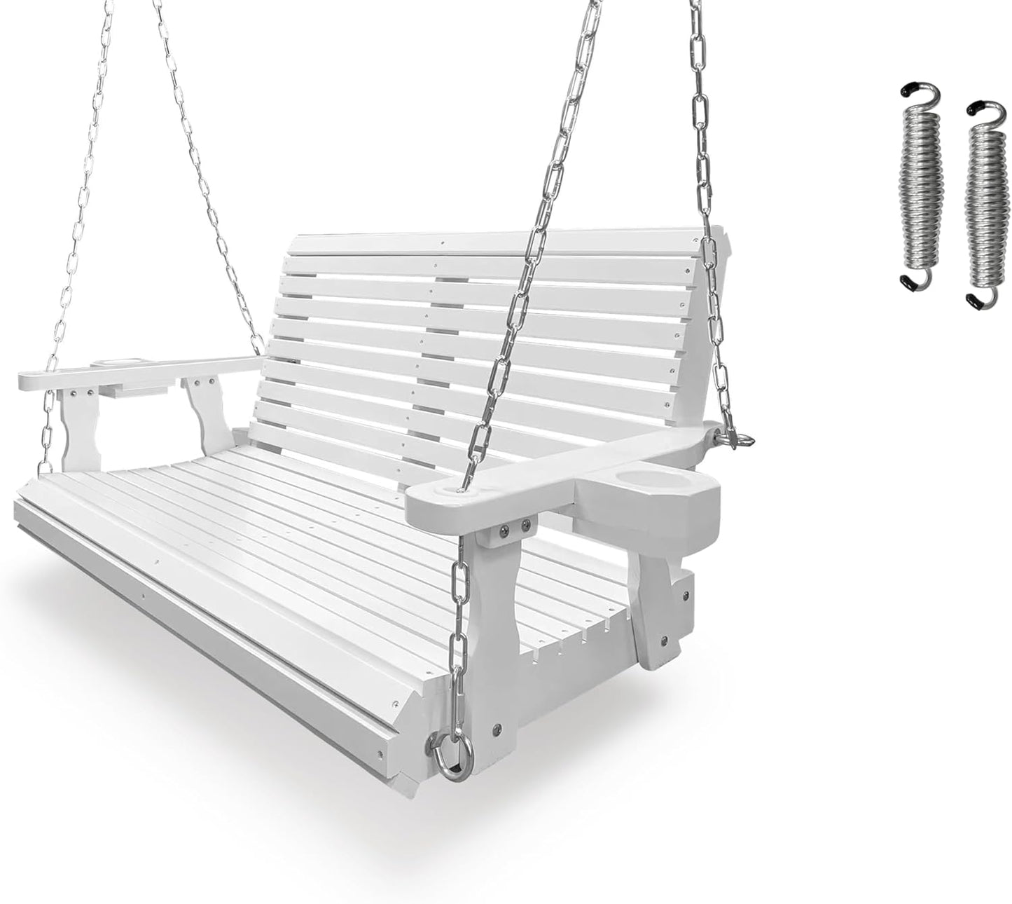 Wooden Porch Swing 2-Seater, Bench Swing with Cupholders, Hanging Chains and 7mm Springs, Heavy Duty 800 LBS, for Outdoor Patio Garden, Pure White, 4 FT Extra Large