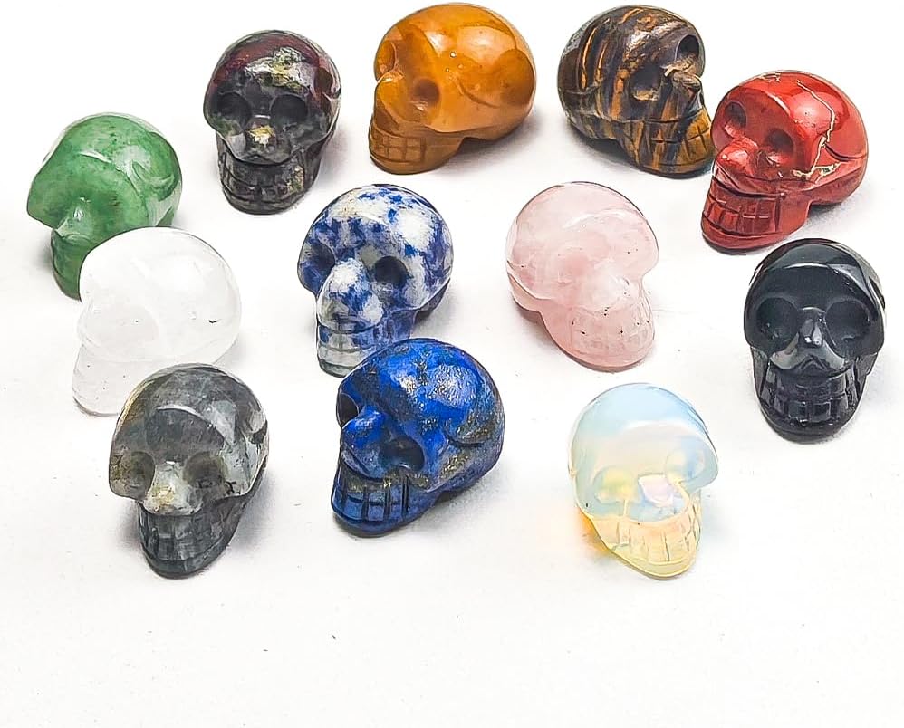 14Pcs 1 Inch Natural Crystal Skulls Set, Hand Carved Polished Gemstone Ghost Head Statues, Mixed Natural Mineral Crystal Skulls, Reiki Healing Stone Crafts, Desktop Home Decor Ornament