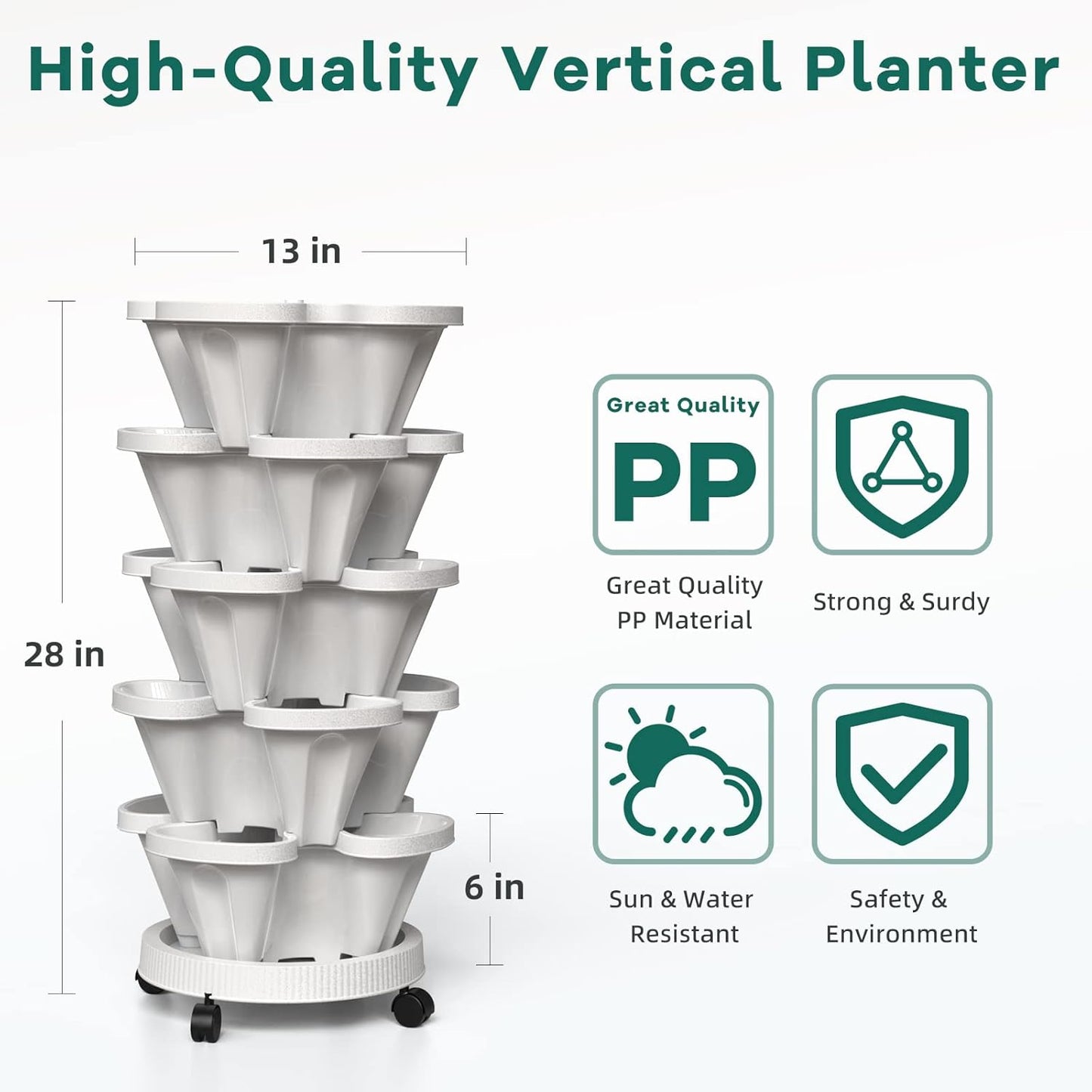 Strawberry Vertical Planters 2 Pack, 5 Tiered Stacking Tower Garden with Support Pole, Stackable Herb Vegetable Planters Indoor Outdoor Black