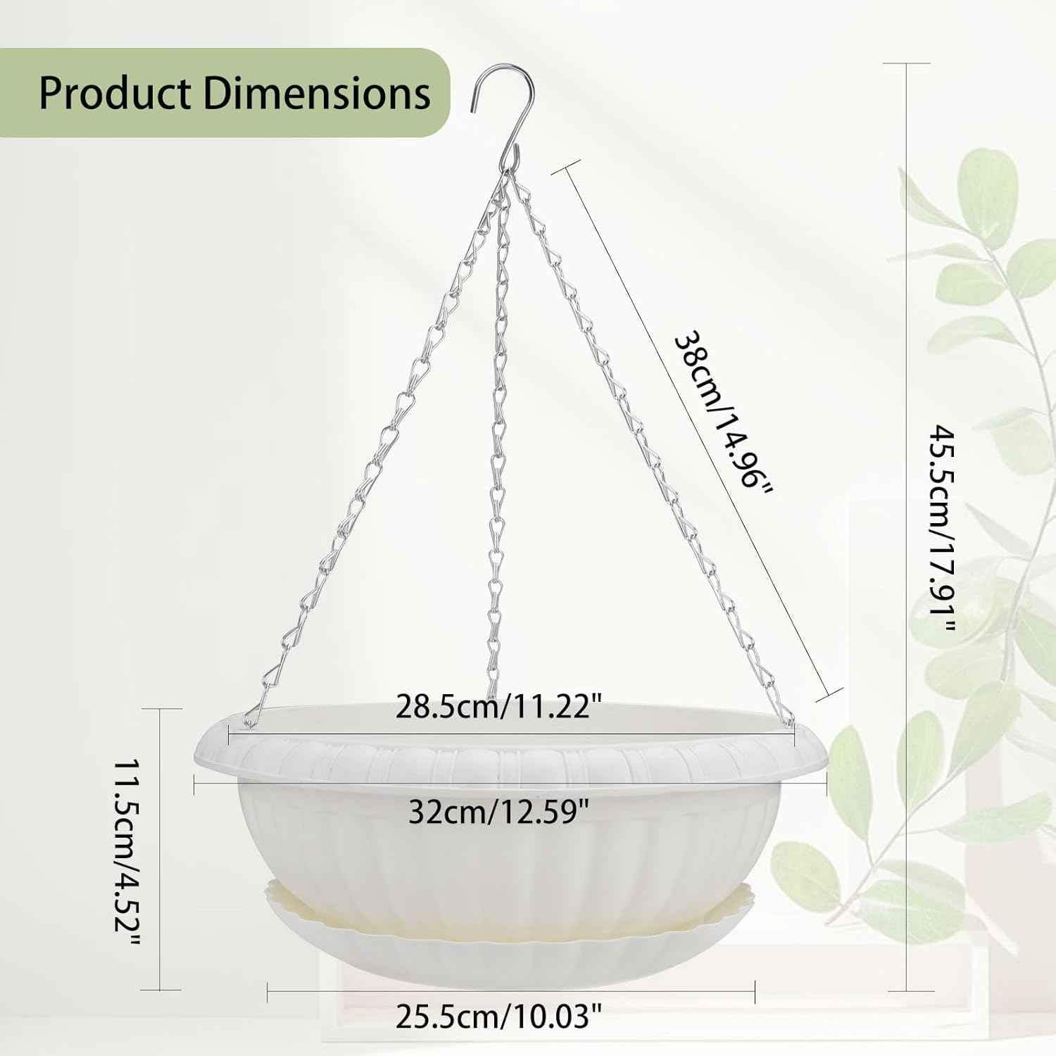 summer flower 3 Pack Large Hanging Planters 12.59in Plastic Plant Pots with Drainage Holes & Trays for Indoor Outdoor Garden Wall Window Decor (White)
