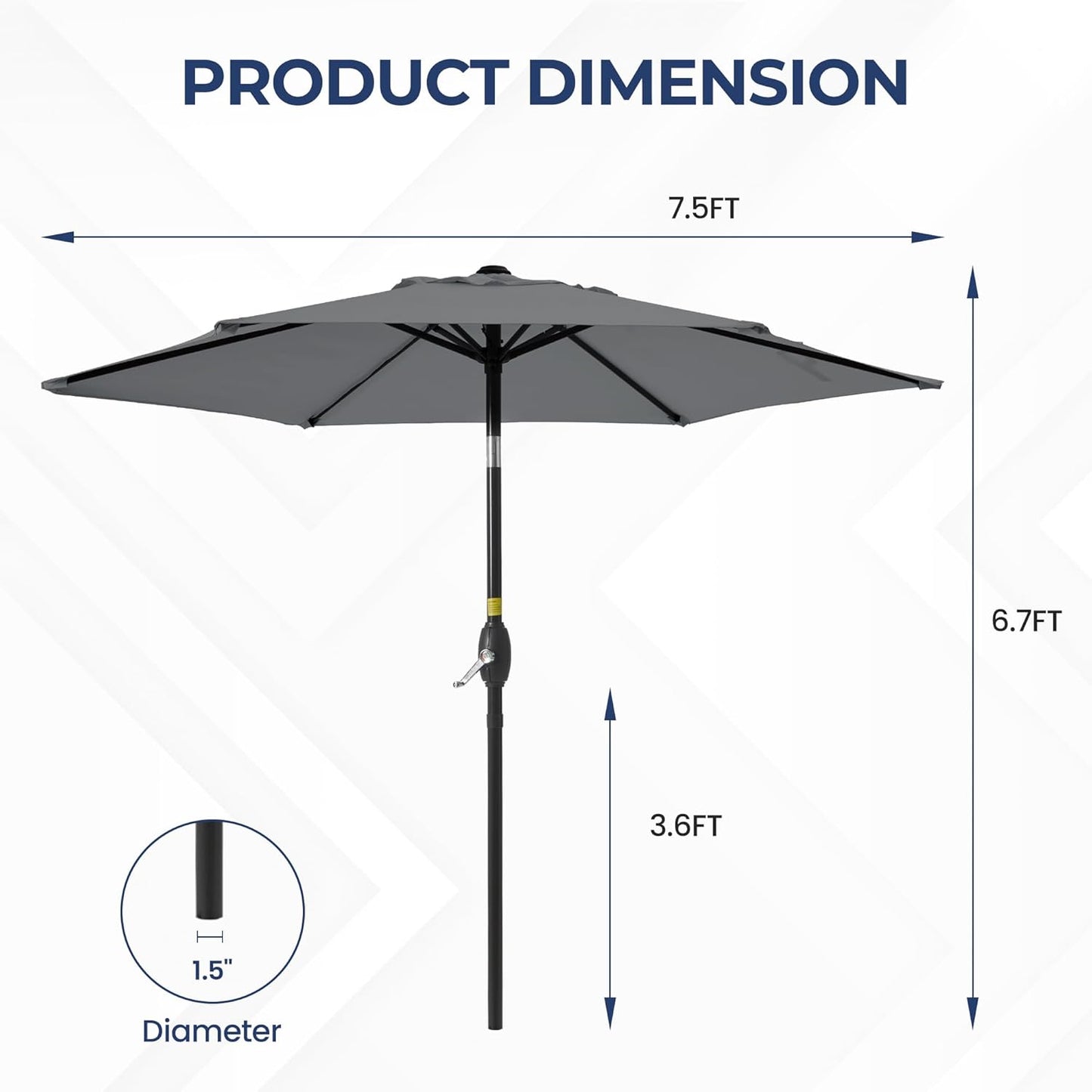 Aok Garden 7.5 ft Patio Umbrella Outdoor Market Umbrella Tilt Button and Crank 6 Ribs for Deck Lawn Pool& Backyard