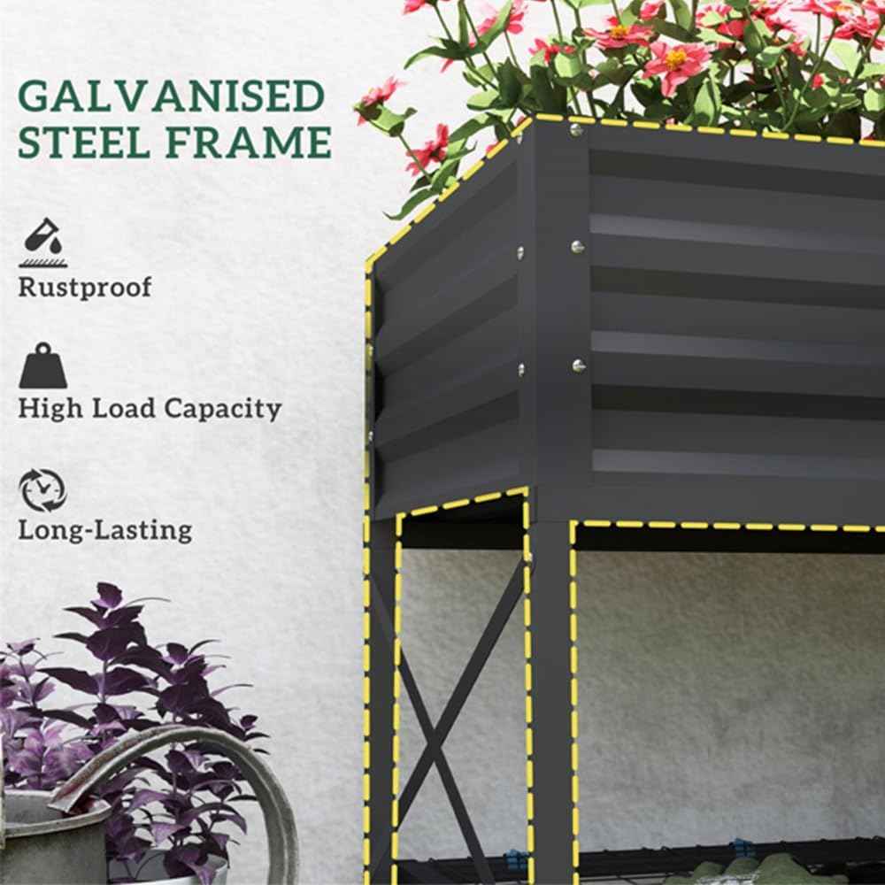 Elevated Metal Raised Planter with Shelf, 41" Galvanized Steel Garden Bed, Ergonomic Height for Outdoor Gardening, Balcony(Dark Gray)
