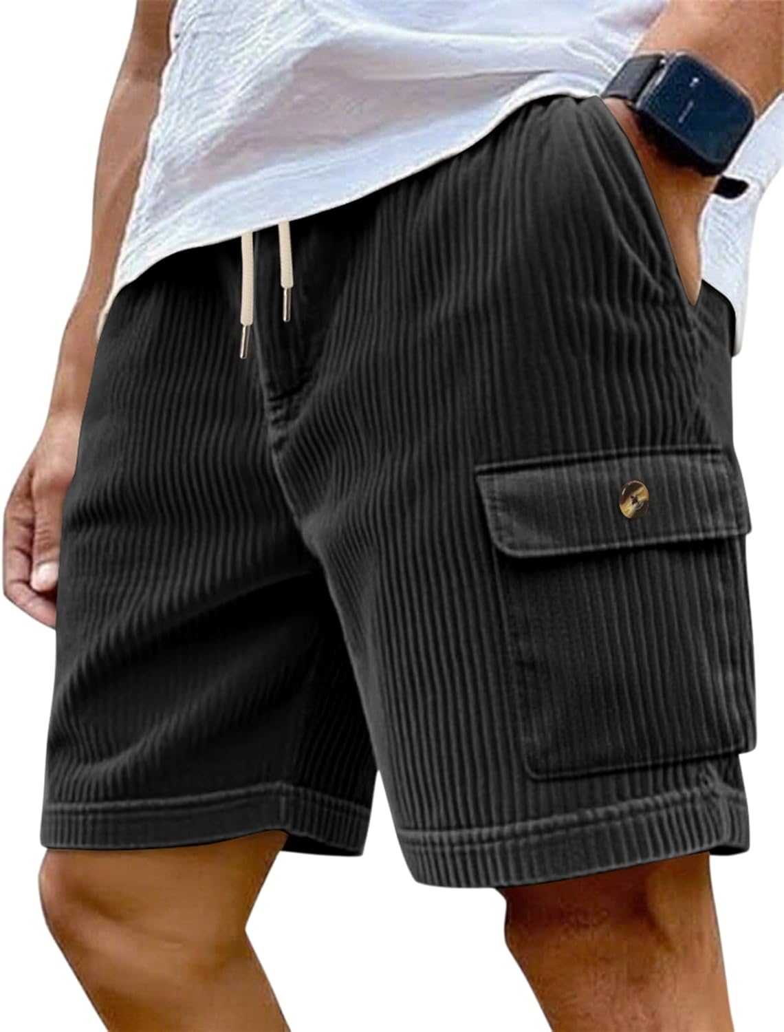 Mens Cargo Shorts Casual Drawstring Elastic Waist Corduroy Summer Beach Shorts with Pockets