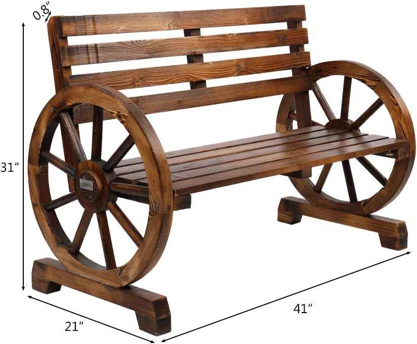 Outdoor Bench, 41 Inch Patio Bench, Rustic Wooden Wheel Bench, Wagon Slatted Seat, Porch Furniture, for Backyard, Patio, Garden, Outdoor Lounge, Brown