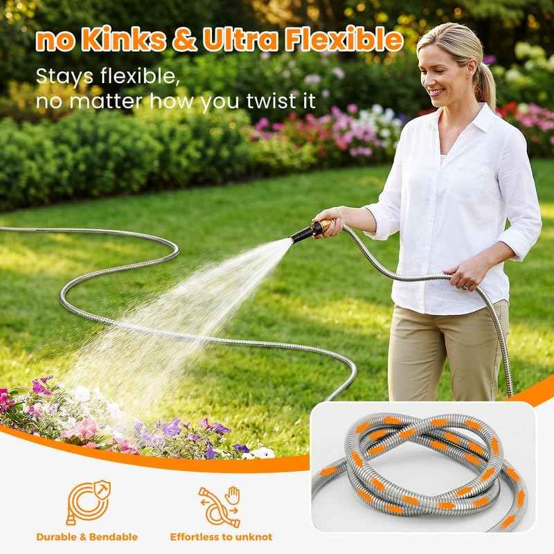 Rosy Earth Stainless Steel Garden Hose 100 FT, Heavy Duty Expandable Water Hose, No-Kink, No Bite, Flexible Garden Hoses for Yard, RV, Car