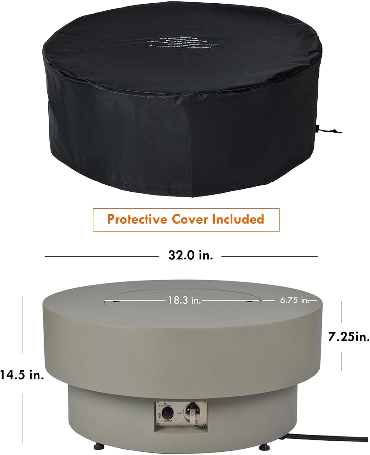 Propane Outdoor Fire Pit Table, Flint & Concrete Look 32-inch Round Patio Propane Fire Table 50,000 BTU w/Lid, Glass Rocks, Cover, Pre-Attached 10ft Hose