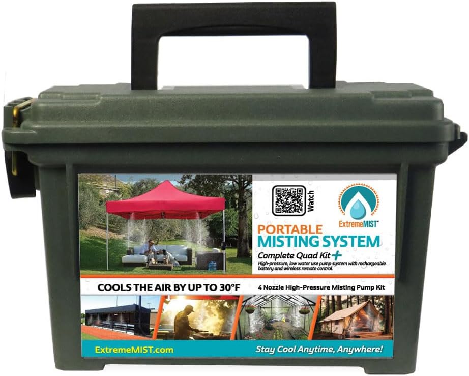 ExtremeMIST Professional Grade Portable Misting System PLUS - 4 Mist Nozzles | Easy Setup | 20 ft Portable Misting Line w/ 170 psi battery operated pump | Cools the air up to 30°F (17°C)! Easy to Move