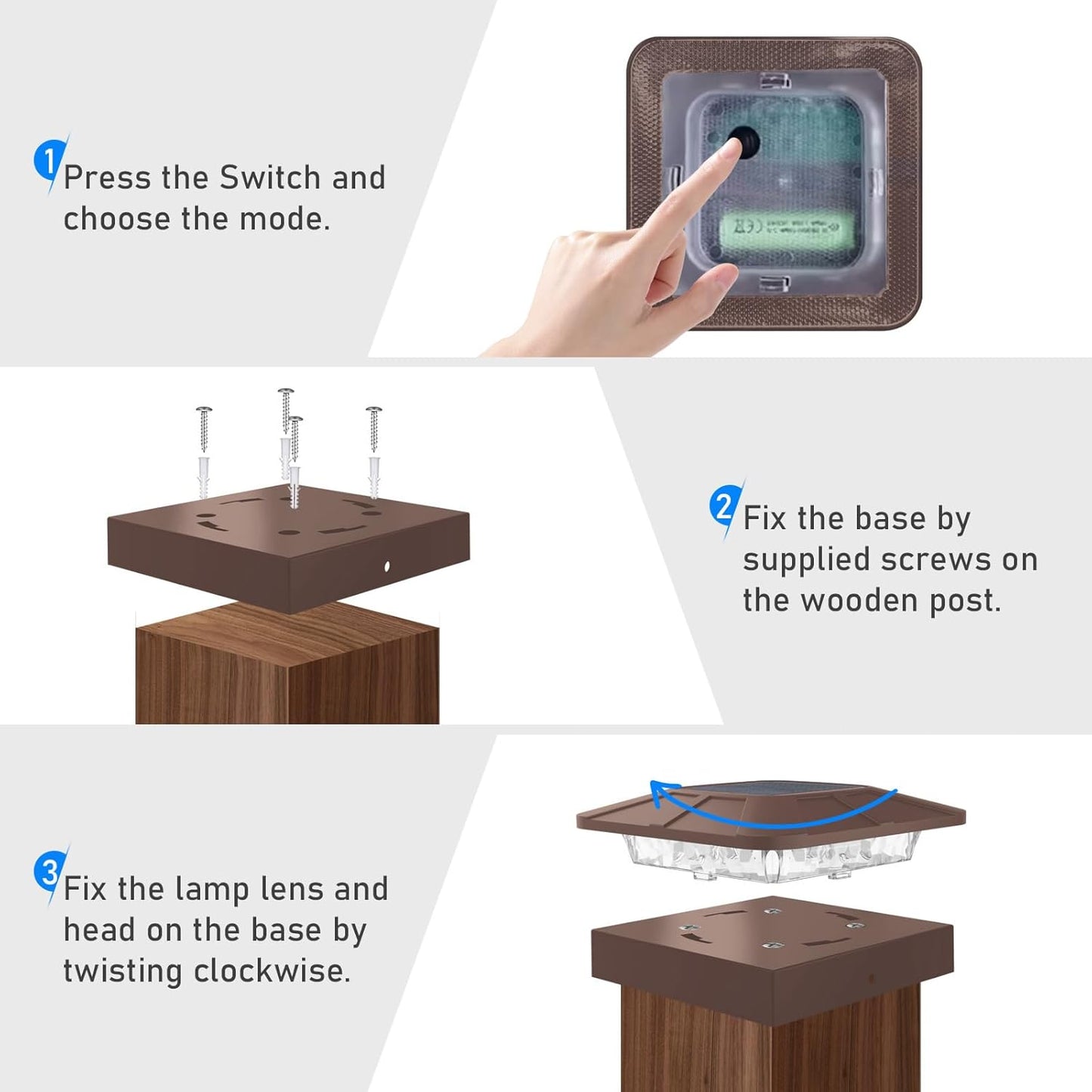 Peasur 4x4 Solar Post Cap Lights Outdoor with 3 Modes, 8 Packs Brown Fence Light Solar Powered Waterproof, Wood/Vinyl Posts Caps Lights for Deck Yard Garden Patio Porch Railing Outside