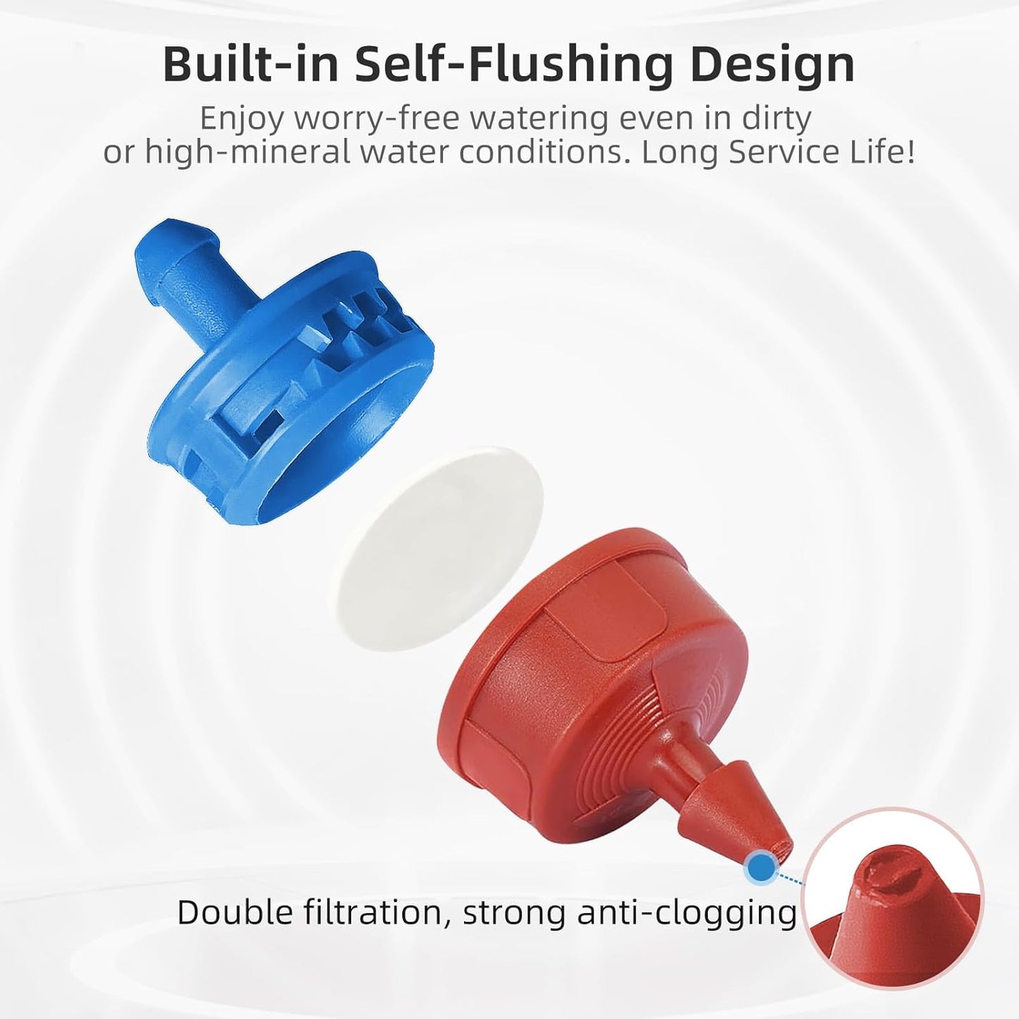 60PCS 0.5 GPH Pressure Compensating Drip Irrigation Spot Watering Drippers/Emitters, Self-Cleaning Constant Flow Drip Irrigation Emitters Heads Irrigation Drippers Parts for Drip Irrigation System