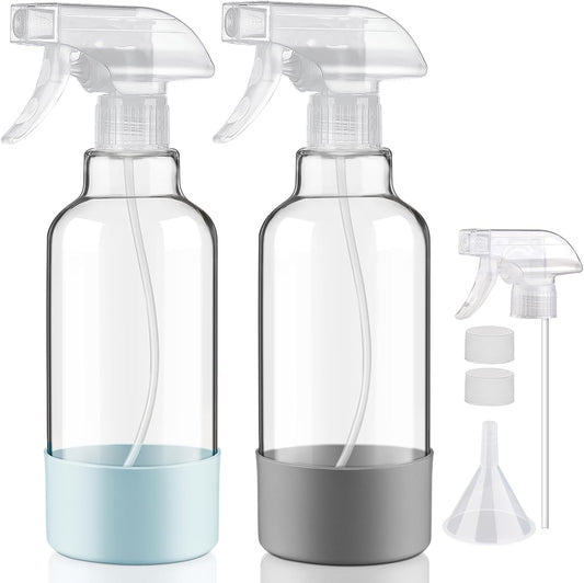 Glass Spray Bottles with Silicone Sleeve 16.9oz 2 Pack Empty Spray Bottle for Hair Mist/Stream Spraying for Cleaning Solutions, Plants, Essential Oils (clear-qblue&grey)