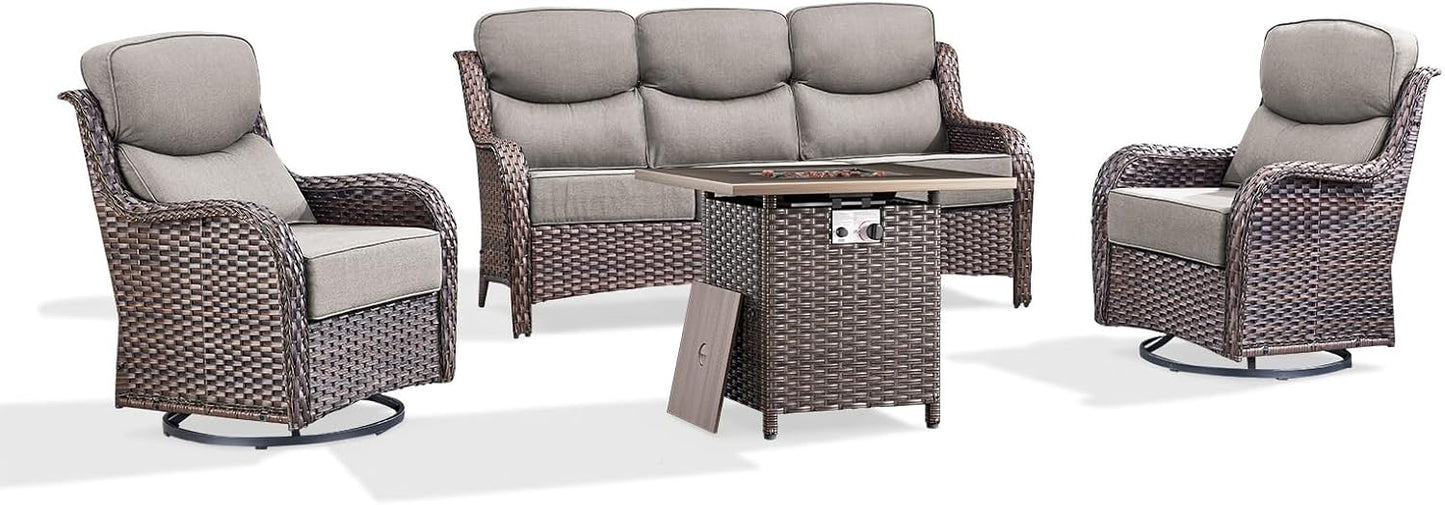 Luxury Patio Furniture Set with 6-inch Thick Cushion, Outdoor Furniture with Fire Pit Table, Swivel Chairs, Sofa, 4pcs Wicker Conversation Set for Deck Yard and Poolside(Grey)