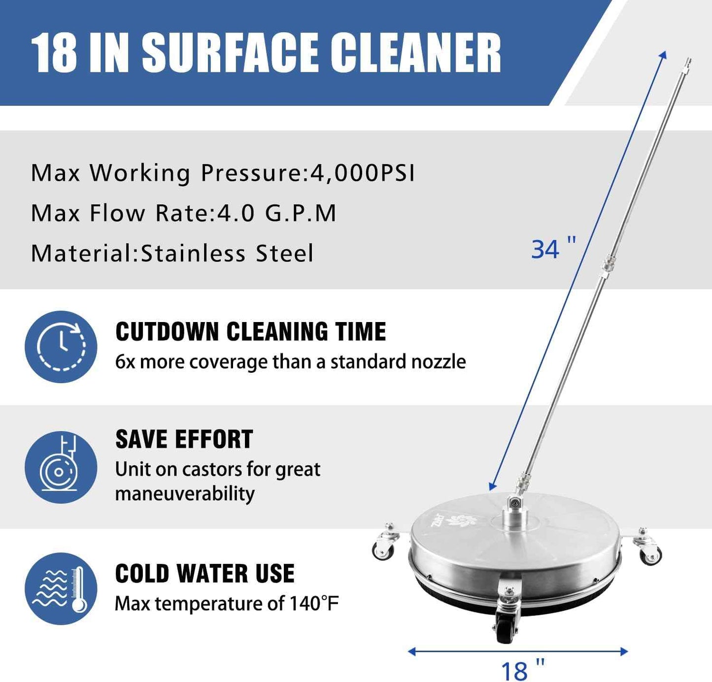 JANZ 18" Pressure Washer Surface Cleaner with 4 Wheels,1/4" Quick Plug,Stainless Steel Housing,2 Extension Wand Attachments, 3 Spray Nozzles and 2 Replacement Nozzles, 4000 PSI