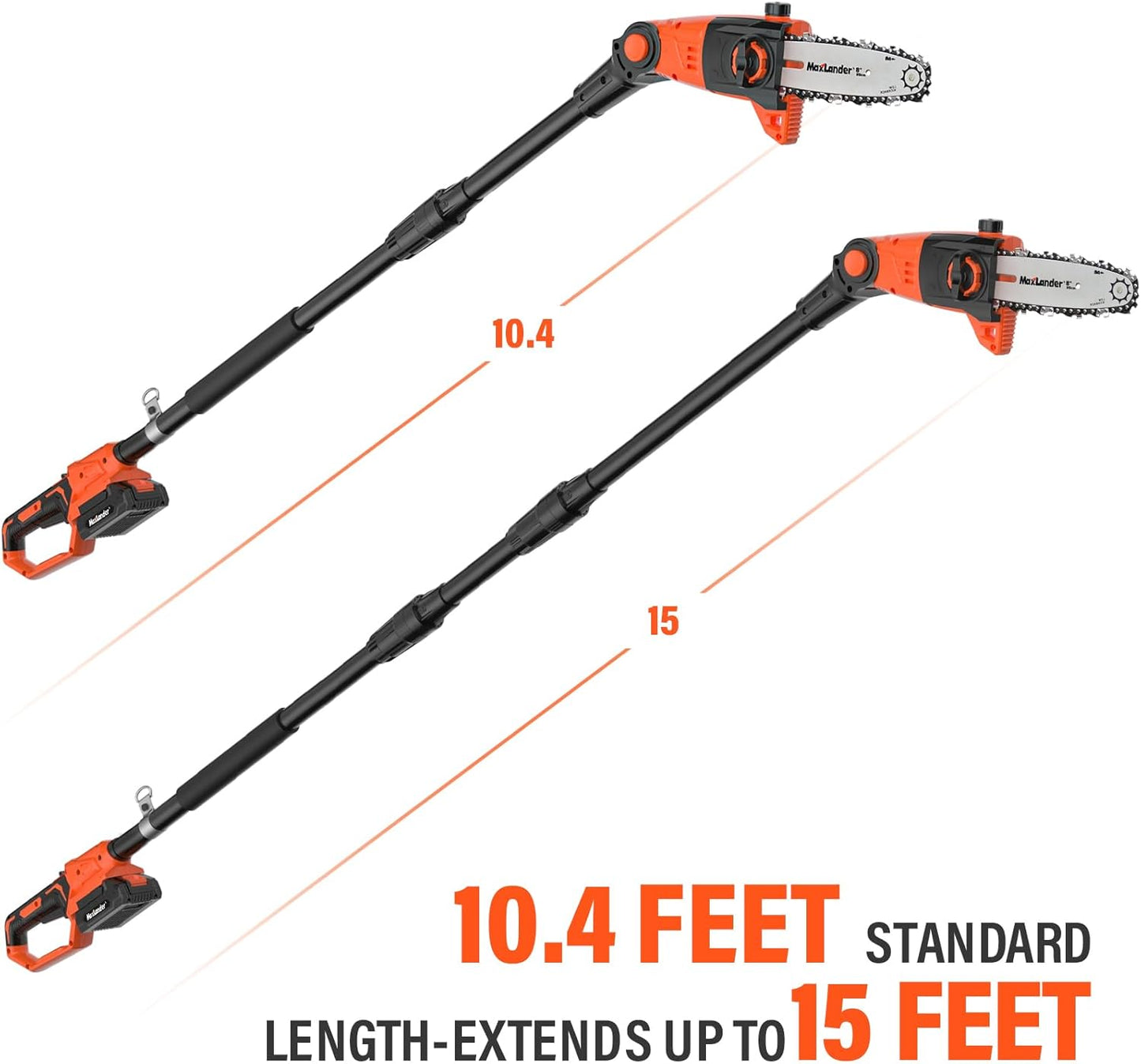 Pole Saw 8-Inch Cordless Pole Saws for Tree Trimming, 15-Feet MAX Reach Electric Pole Saw, 16ft/s Cutting Speed Auto Oiling Multi-Angle Pole Chainsaw with 2 x 20V 2.0Ah Battery & Charger