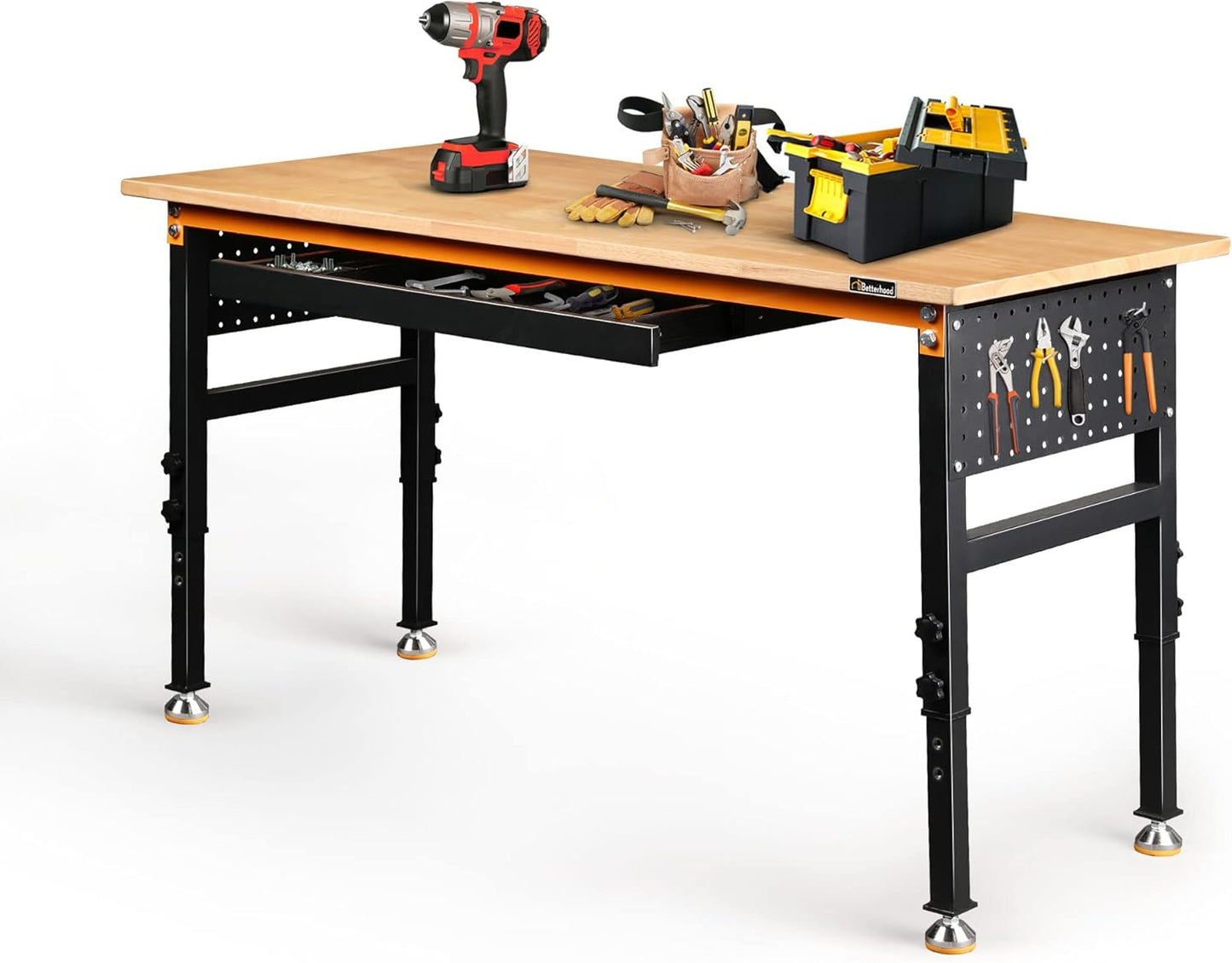 60" Heavy-Duty Adjustable Workbench for Garage, Rubber Wood Shop Table W/Double Pegboards & Drawer,Hardwood Workstation Weight Capacity Over 2000 Lbs