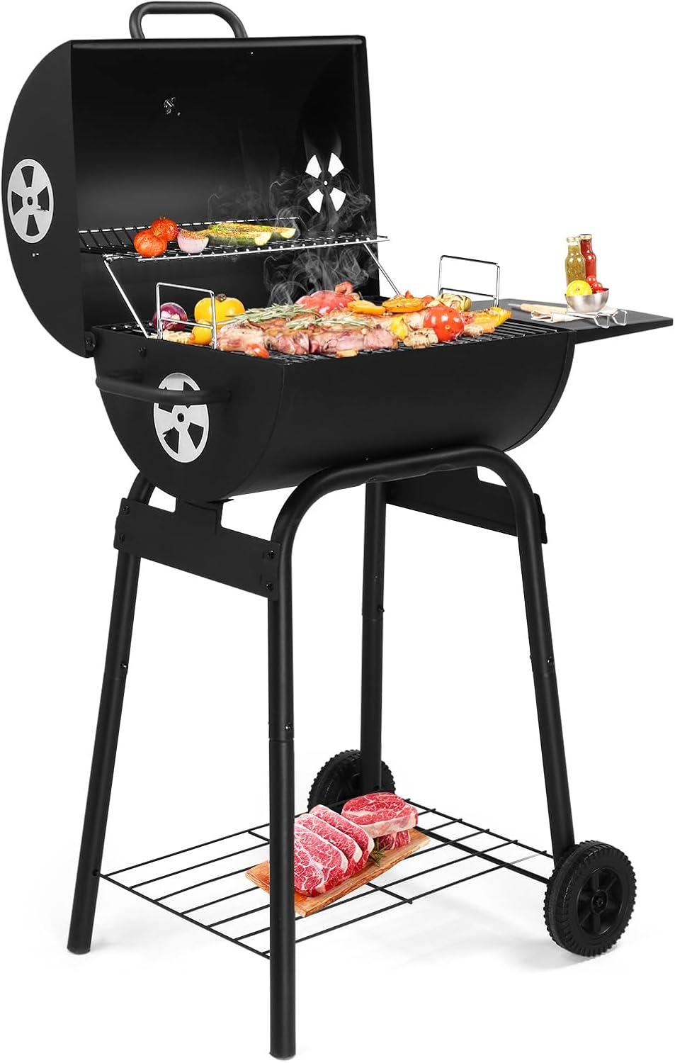 VINGLI Barrel Charcoal Grill with Side Table, BBQ Grill Outdoor Smoker Grill with Wheels for Party Garden Patio and Backyard Cooking