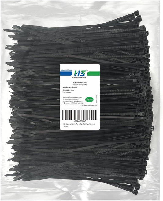HS Durable Plastic Zip Ties 8 Inch (Bulk-1000 Pack) UV Rated Black Cable Ties 40 Lbs Self-Locking Wire Ties Width 1/8 Inch,Outdoor Purpose