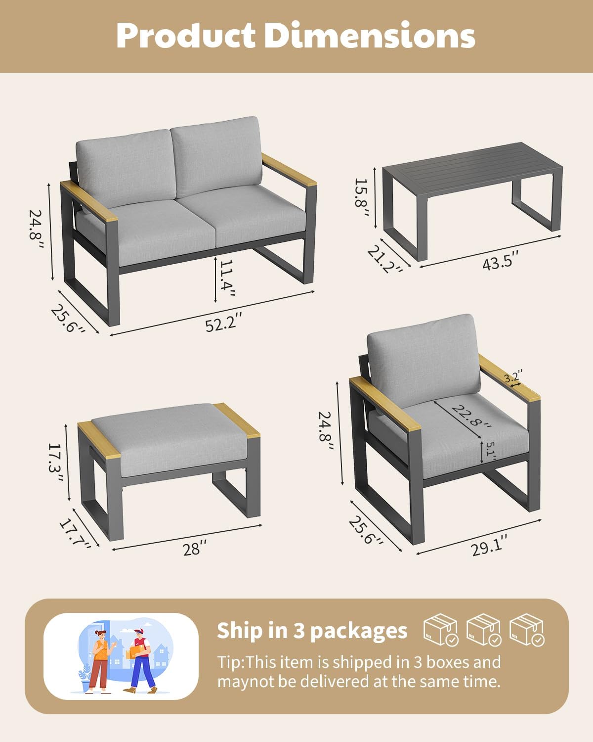Modern Aluminum Patio Loveseat and Coffee Table Set - All-Weather Outdoor Furniture - Washable Thick Cushions - Rust Resistant, Easy Assembly - Comfortable for Balcony, Garden, Deck, Backyard - Gray