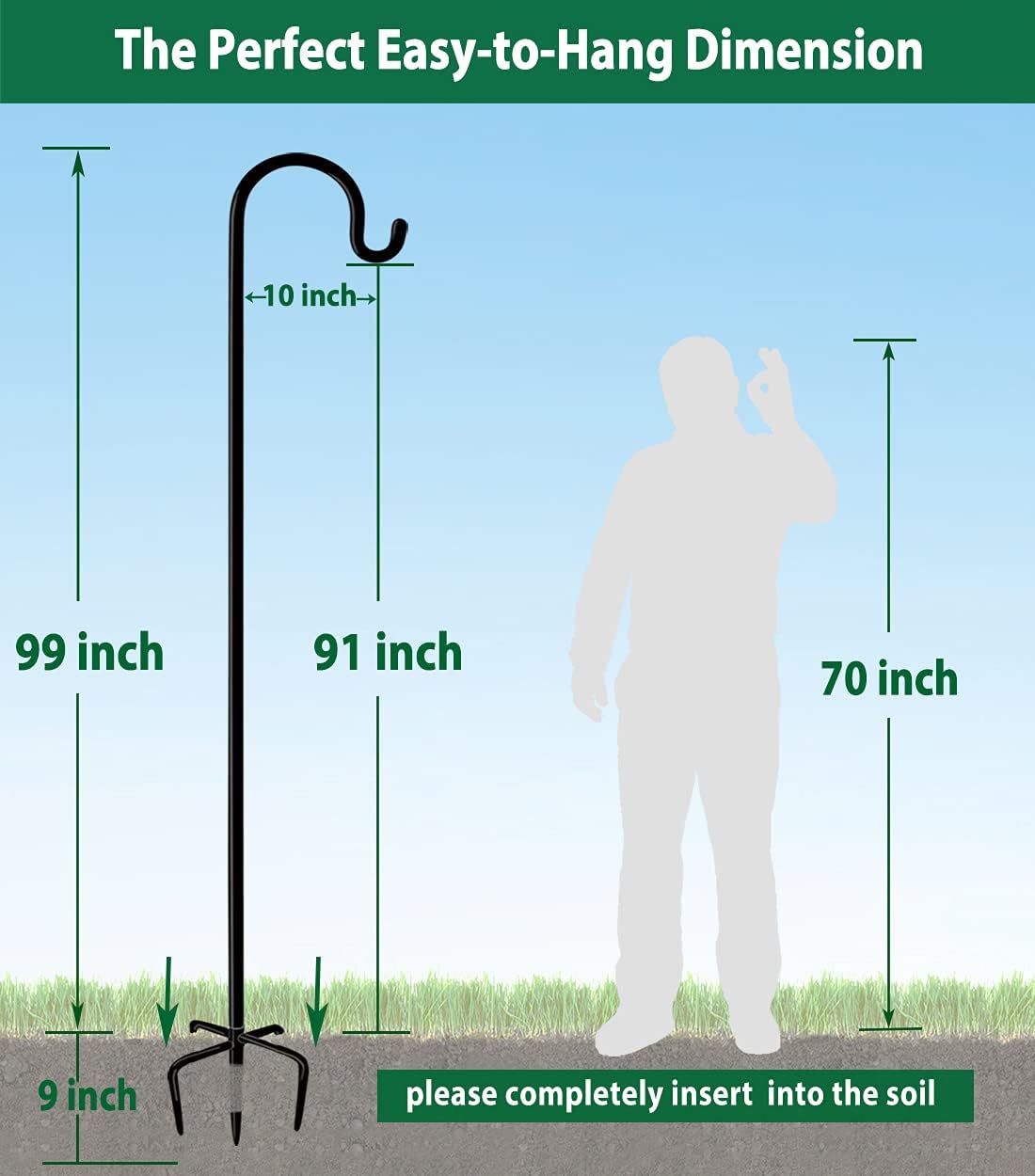Artibear Adjustable Outdoor Shepherd Hook Stand with 5 Prong Base, 108 Inches Tall 3/5 in Thick, Shiny Black (2 Packs)