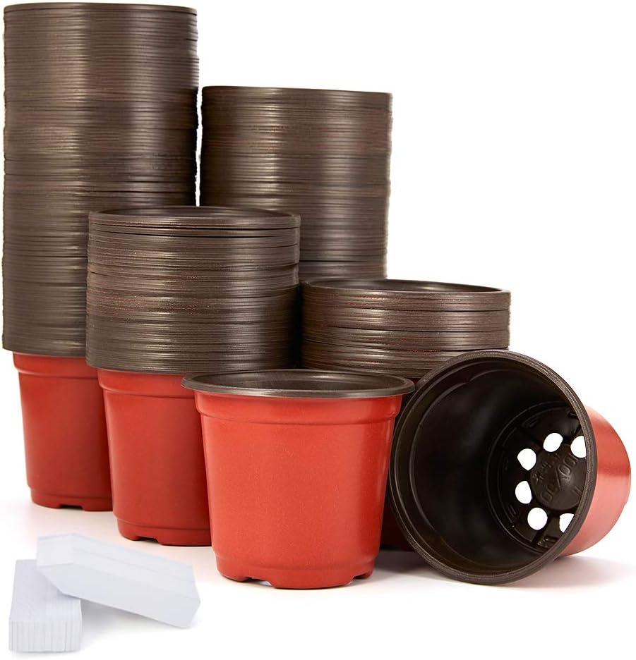 JERIA 200-Pack 4 Inch Plastic Nursery Pots Come with 200 Pcs Labels, Seedling Flower Plant Container and Seed Starting Pots