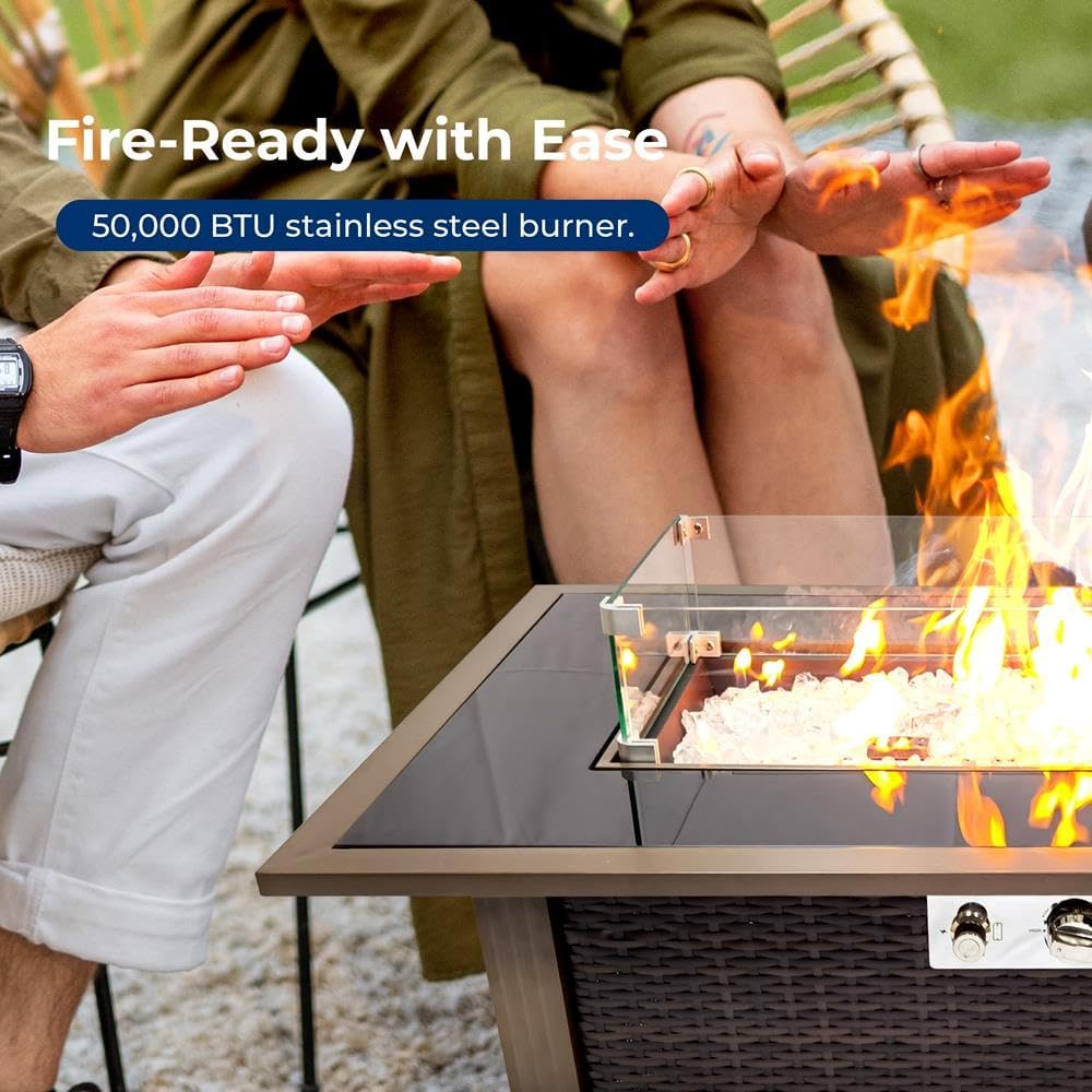 SereneLife 43.5-Inch Outdoor Propane Fire Pit Table – 50,000 BTU, Tempered Glass Wind Guard, Sliding Door, Auto-Ignition, Stainless Steel Burner, Waterproof Cover – Ideal for Patio, Garden & Backyard