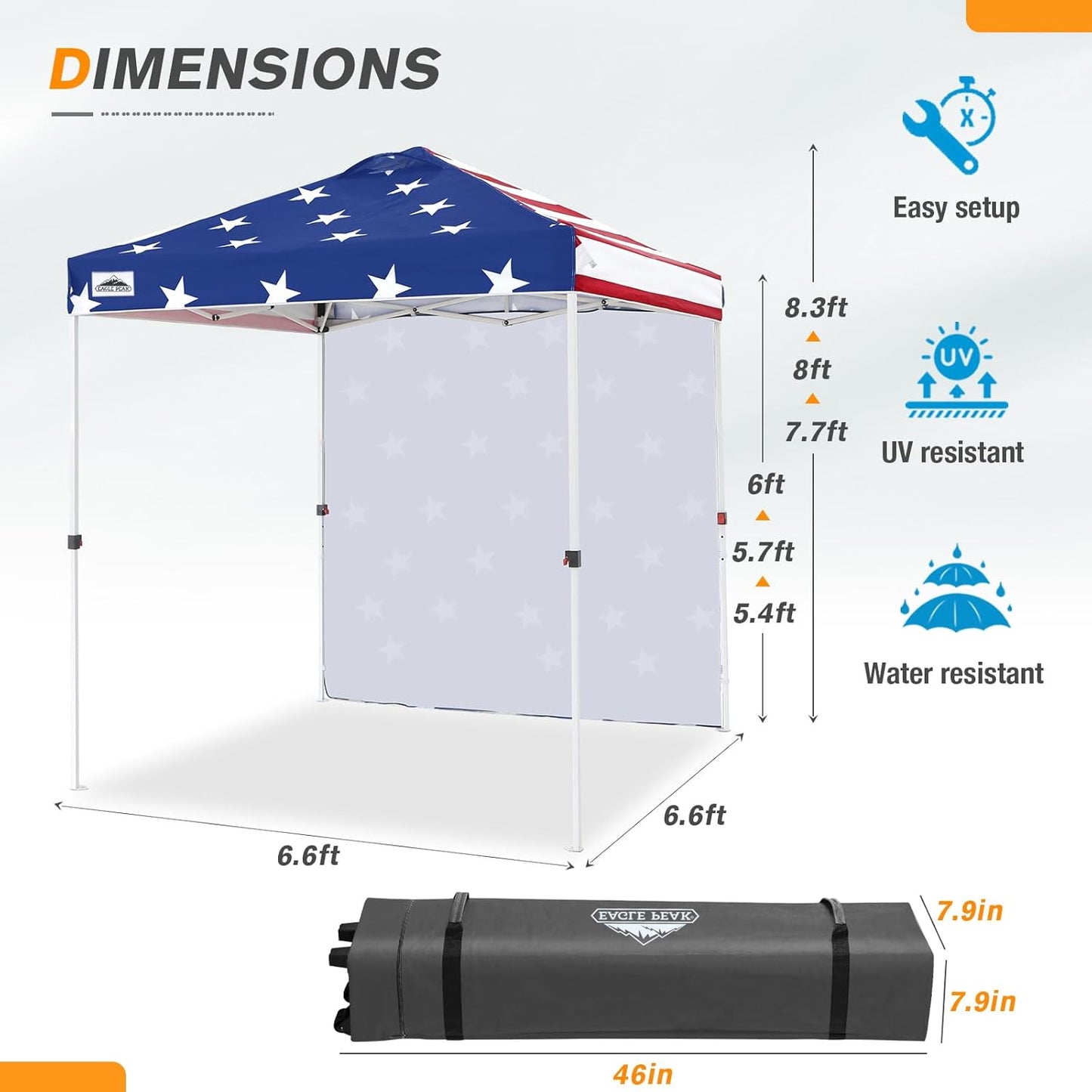 EAGLE PEAK Pop Up Canopy Tent with 1 Sidewall, Easy Setup Event Tent, Outdoor Sun Shade, Wheeled Carry Bag, Stakes and Guy Ropes, Instant Canopy 6.6x6.6, American Flag