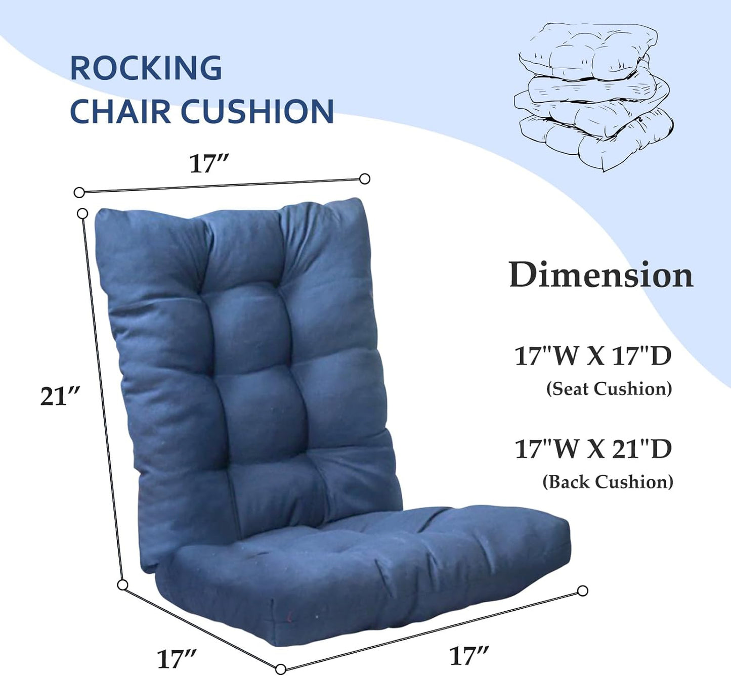 Indoor Outdoor Rocking Chair Cushions Pack of 1, Patio High Back Chair Seat Cushions with Ties for Garden Patio Furniture, Khaki