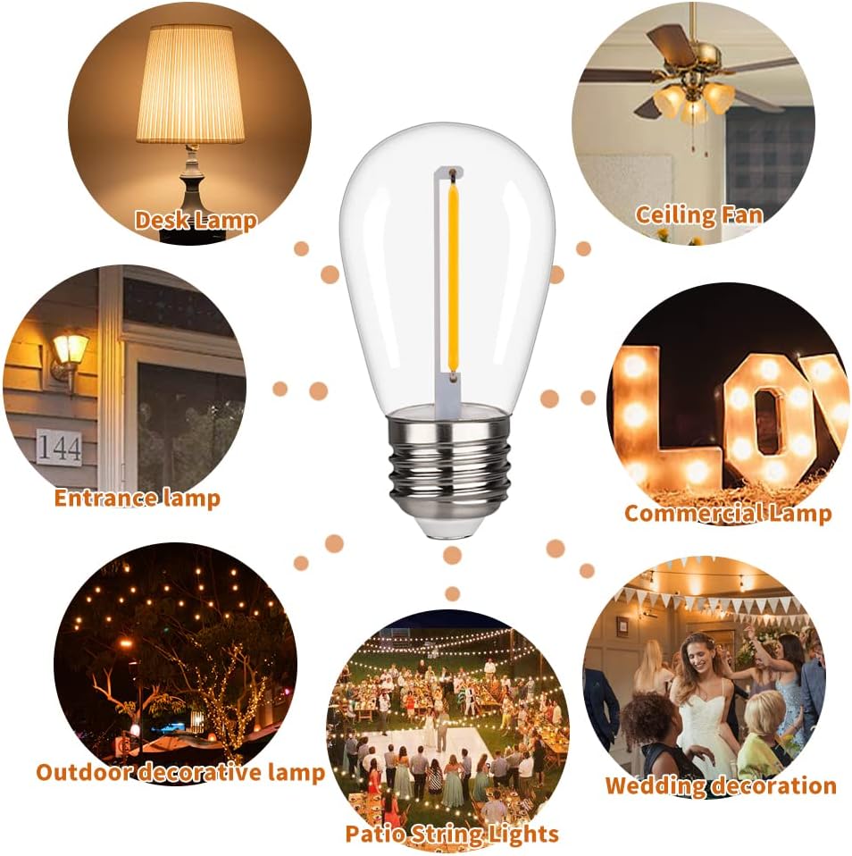 S14 Replacement LED Light Bulbs, Shatterproof & Waterproof 1W S14 LED Bulbs, E26 Base Patio Edison LED Light Bulbs for Outdoor String Lights , Warm White 2200K Plastic 70ML Non-Dimmable 30 Pack