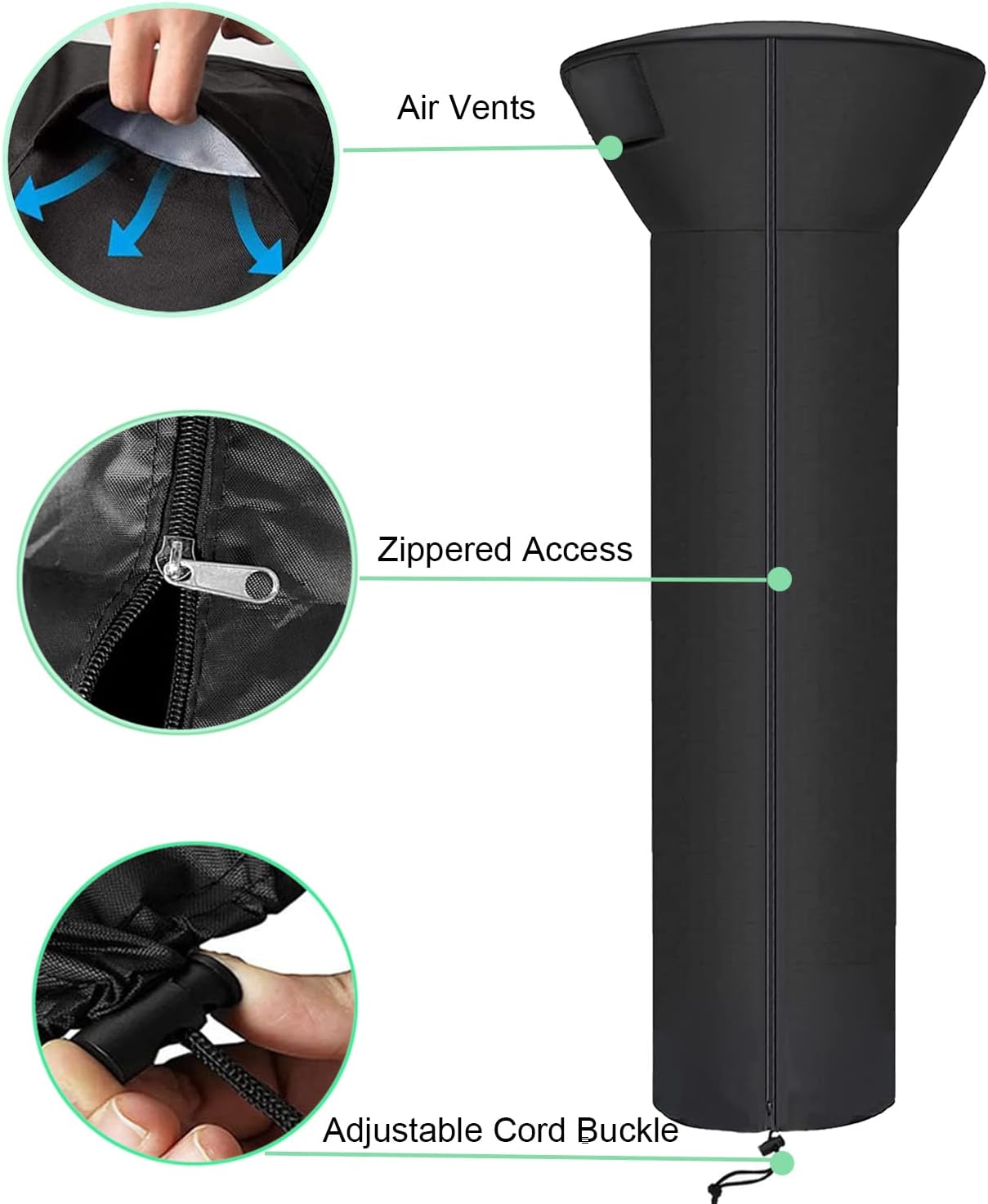 Siruiton Patio Heater Covers with Zipper & Air Vent - Waterproof, Dustproof, Wind-Resistant, UV/Snow-Resistant, 420D - Black (2 Pack, 87" Height x 33" Dome x 19" Base)