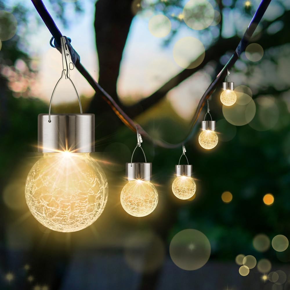 Solar Lights Outdoor Hanging Decorative Globe 8 Pack, Waterproof Solar Lantern with Handle and Clip, Solar Powered Glass Ball Lights for Garden Yard Fence Tree Umbrella Holiday Décor, Warm White