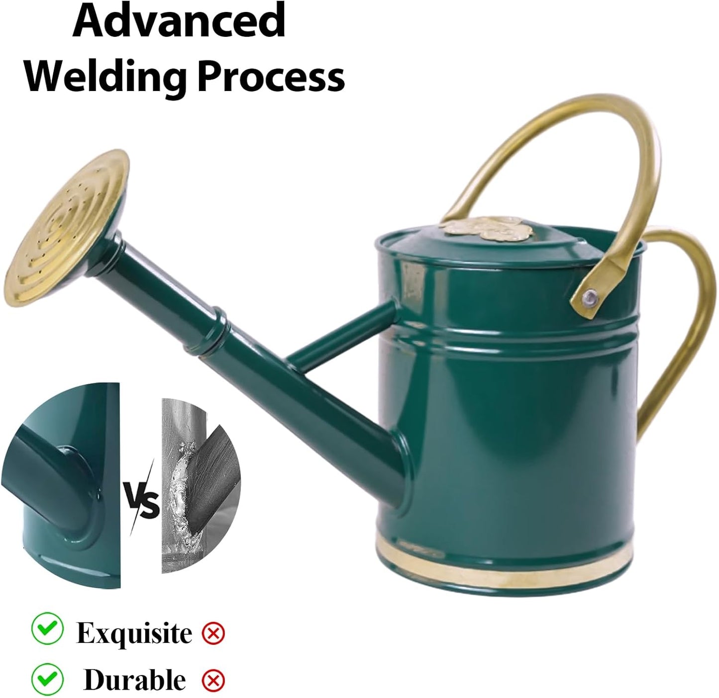 1 Gallon Green Metal Watering Can with Solid Brass Details, Removable Watering Rose, Decorative Garden Can for Indoor Plants, Patio and Greenhouse