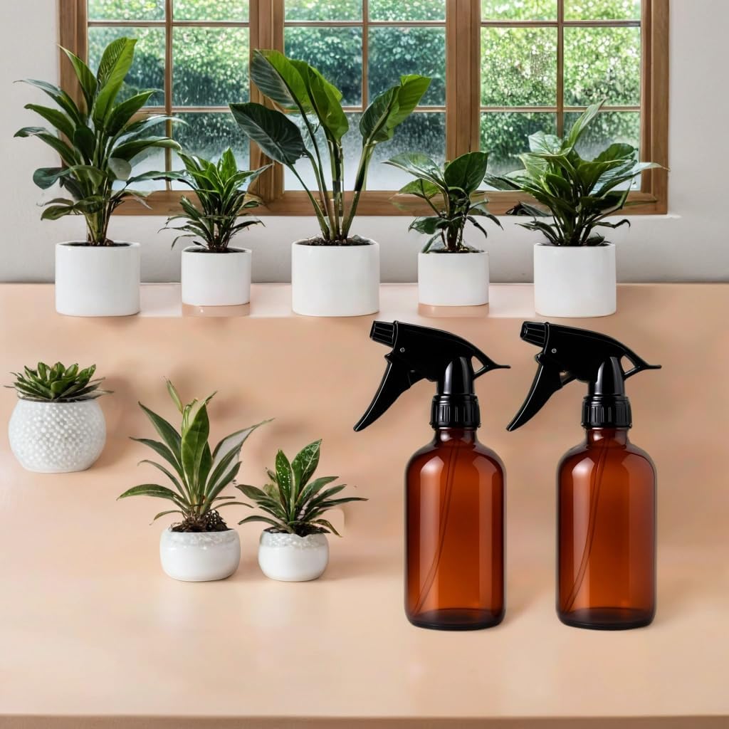 2 Pack Amber Glass Spray Bottles – 8oz Refillable Mini Bottles for Essential Oils, Perfumes, Serums, and DIY Skincare – Durable Small Amber Containers with Spray