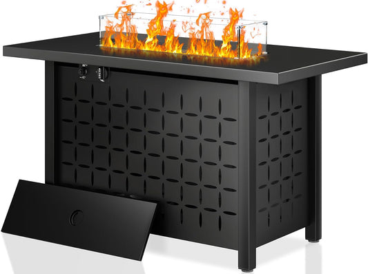 Shintenchi 43 Inch Fire Pit Table, 50,000 BTU Outdoor Propane Fire Table, Outdoor Steel Propane Fire Pit with Lid and Lava Rock for Garden, Yard, Camping, Pool Use, Black