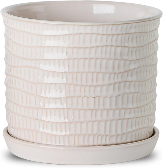 8 Inch Plant Pot: Ceramic Planter with Drainage Hole & Saucer for Indoor Outdoor Plants - Flowerpot with Bonded Tray for Home Office - Wave Embossed