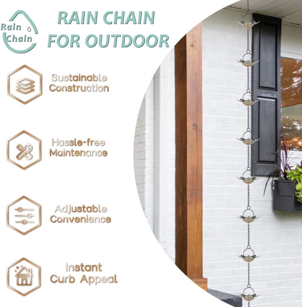 8.3 FT Lotus Rain Chain, Metal Rain Chains for Gutters with 12 Cups, Adjustable Rain Catcher Chain for Eaves Drainage, Replacement for Downspout, Outdoor Decor