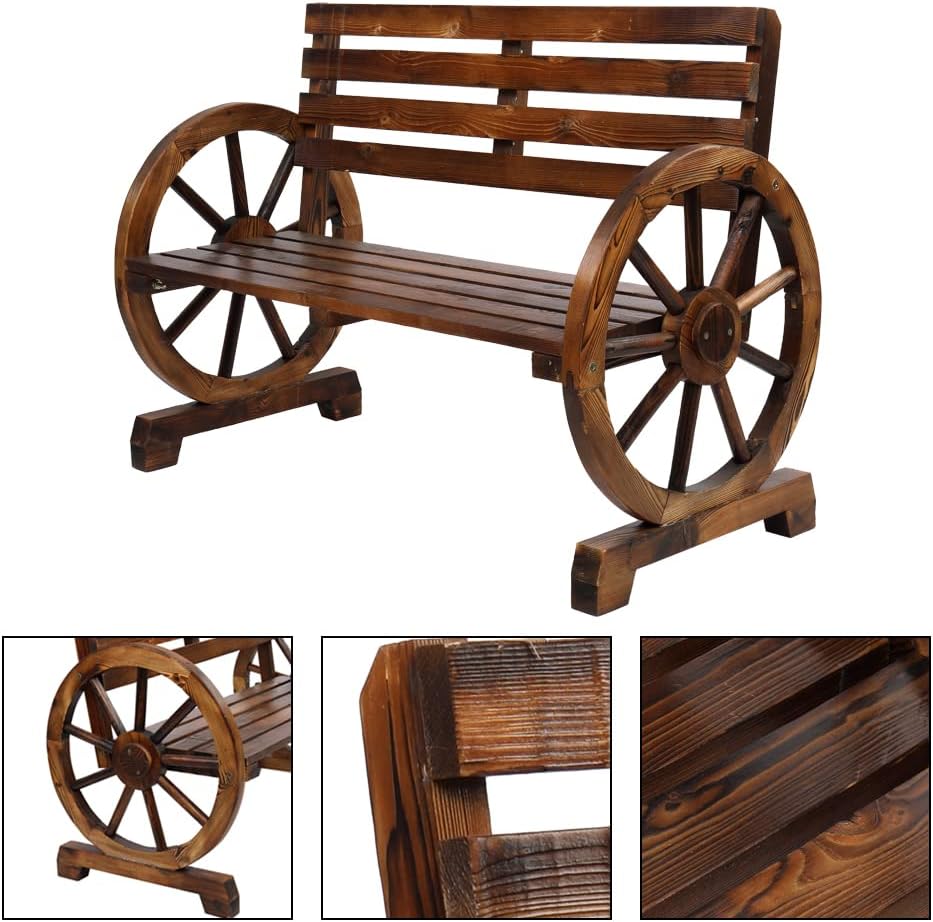 Outdoor Bench, 41 Inch Patio Bench, Rustic Wooden Wheel Bench, Wagon Slatted Seat, Porch Furniture, for Backyard, Patio, Garden, Outdoor Lounge, Brown