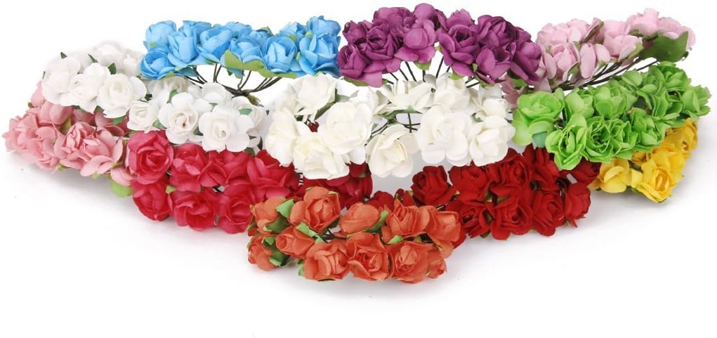Mini Fake Rose Flower Heads 144pcs Mini Artificial Mulberry Paper Roses Flower with Wire Stem DIY Wedding Flowers Accessories Make Bridal Hair Clips Headbands Dress (Blue)