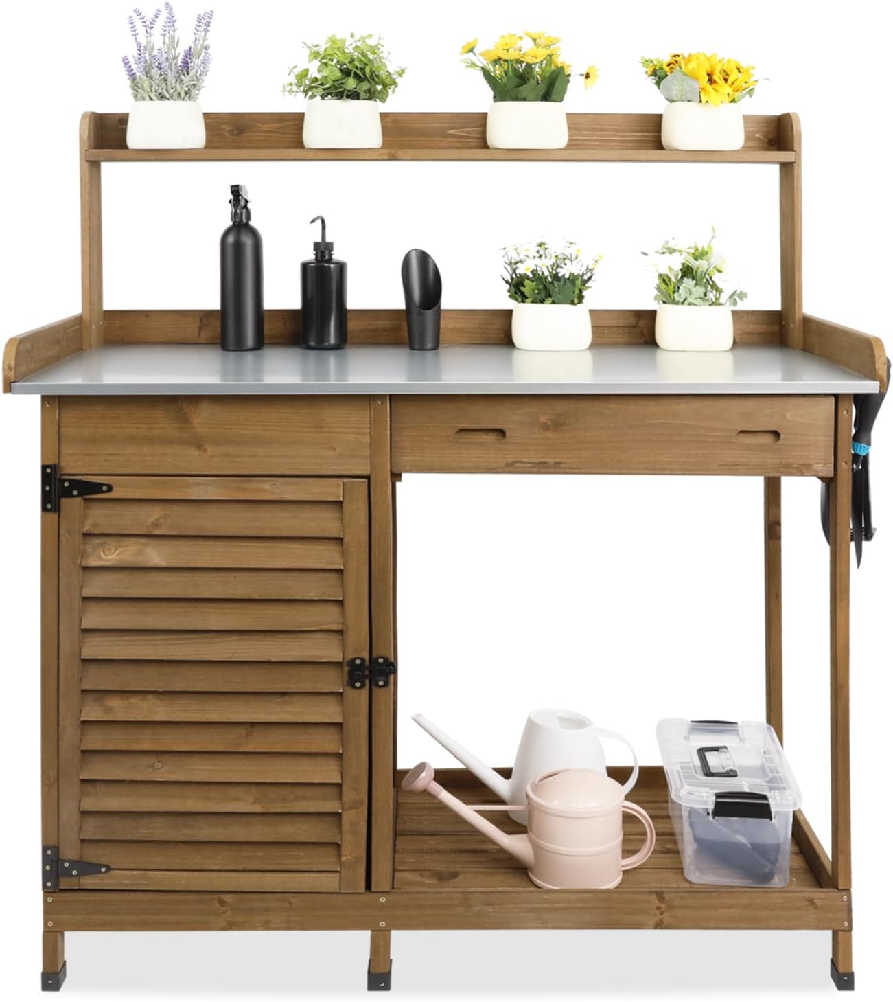 Outdoor Garden Potting Bench Table, 41" L Wooden Potting Table Work Bench for Horticulture, Waterproof Workstation Table with Metal Tabletop/Cabinet/Drawer/Open Shelf (Brown)