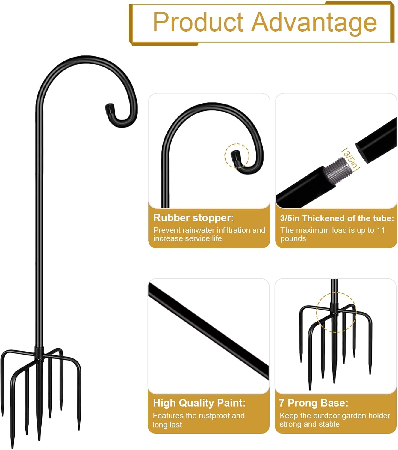 Shepherd Hook 92 Inch Tall Heavy-Duty Metal Garden Hanging Pole Stake for Bird Feeder Pole Plant Baskets, Black (2 Pack)