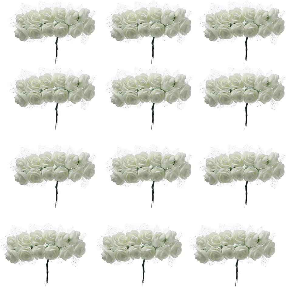 144PCS Mini Fake Roses Artificial Foam Rose Heads with Wire Rods DIY Wedding Flowers Accessories Make Bridal Hair Clips Headbands Dress,Milk White