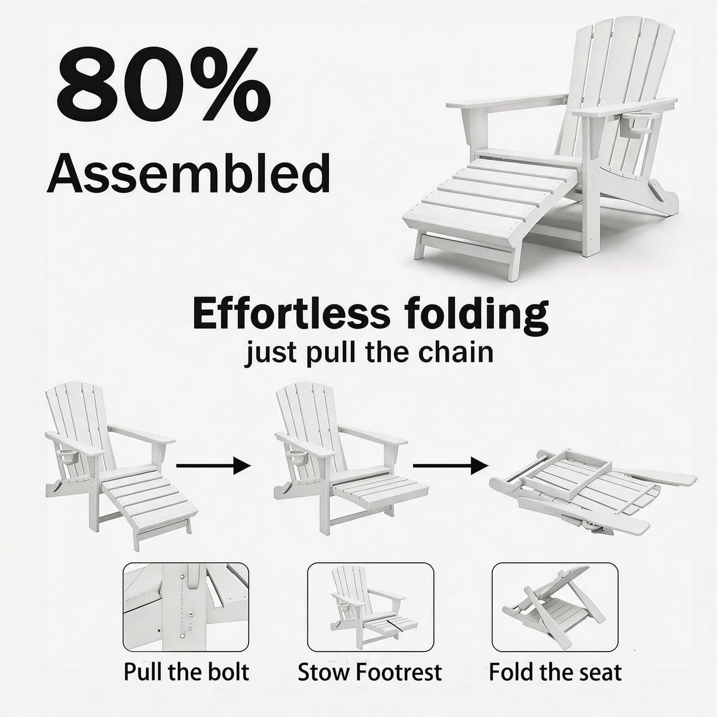 Folding Adirondack Chair with Retractable Ottoman,HDPE Outdoor Adirondack Chair with Cup Holder,All-Weather Lounge Chairs for Outside,Patio,Pool,Fire Pit,White